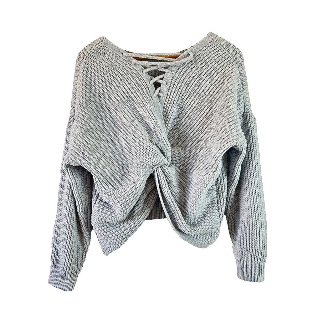 hippie rose sterling blue twist back laceup chunky knit boho sweater size m cozy